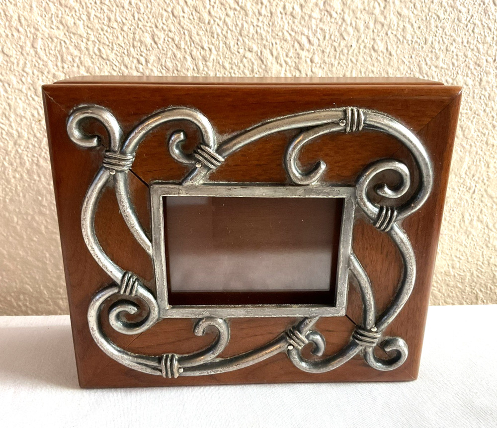 Wood Jewelry Trinket Keepsake Box 4x3 Photo Frame Silver Scrollwork Lid
